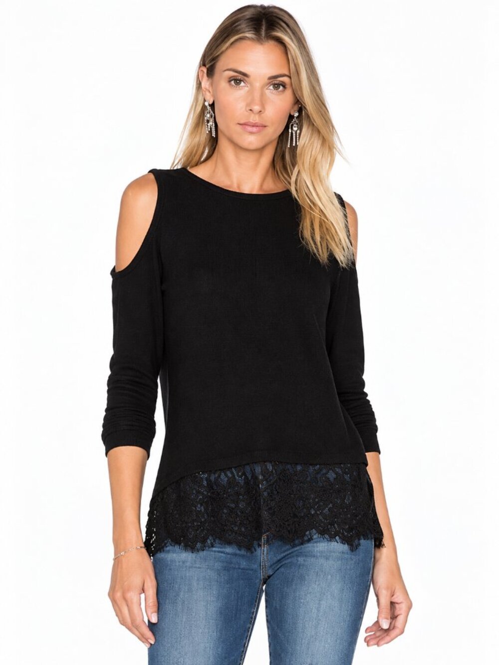 Generation Love Women S Black Cold Shoulder Lace Hem Modal Top Y2K Chic USA